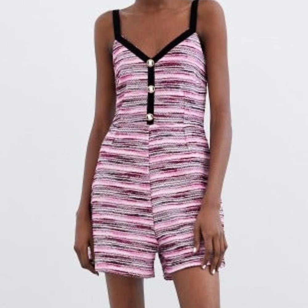 Zara Textured Weave Jumpsuit Pink Romper